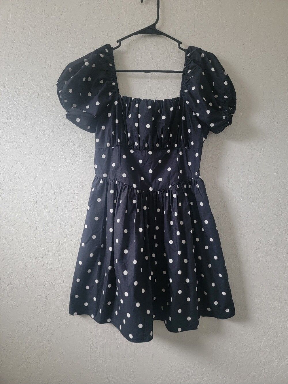 Express Polka Dot Square Neck Short Puff Sleeve Mini Dress 100% Cotton